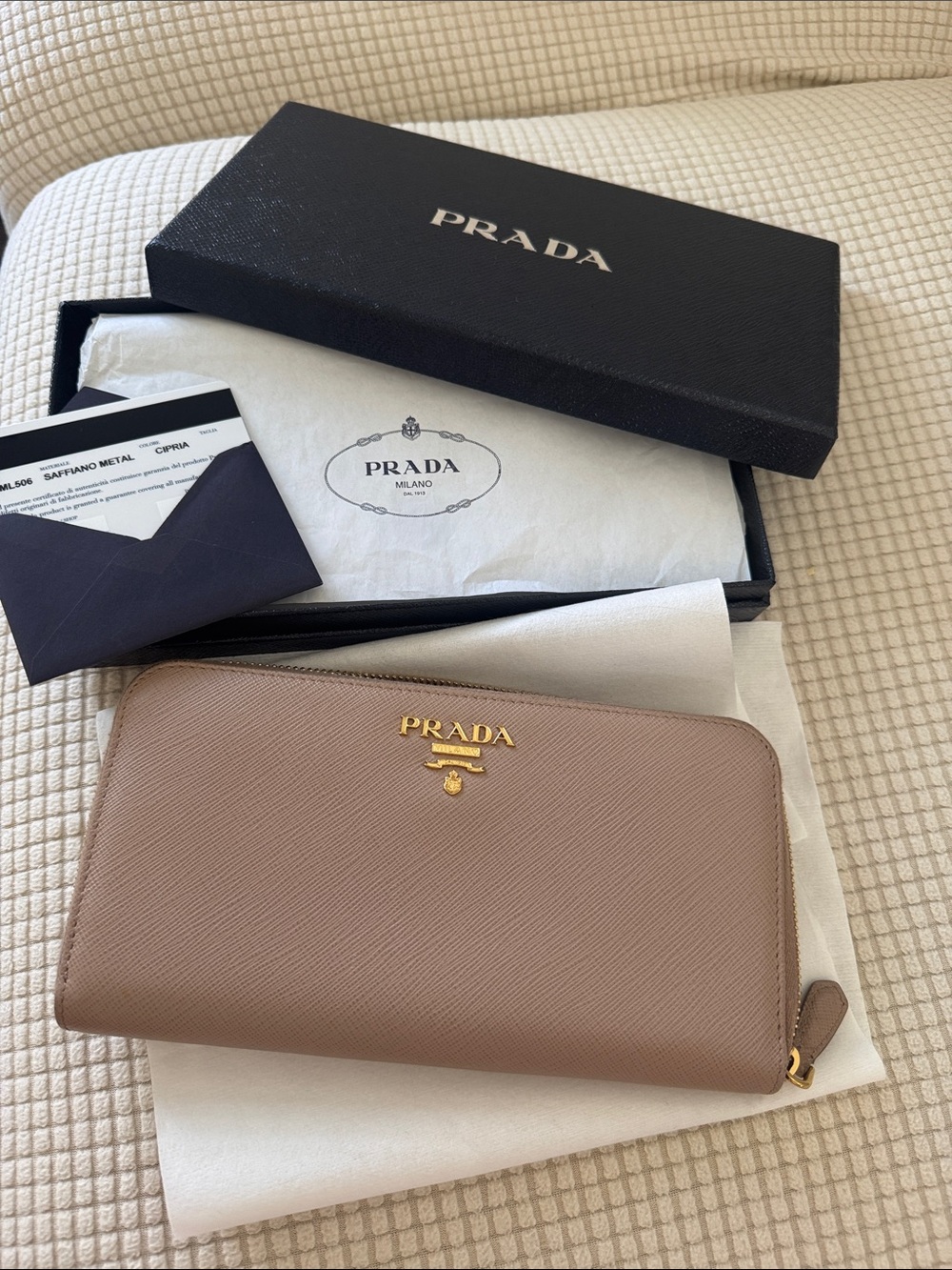 Prada Saffiano Zip-Around Wallet in Taupe with Gold Logo